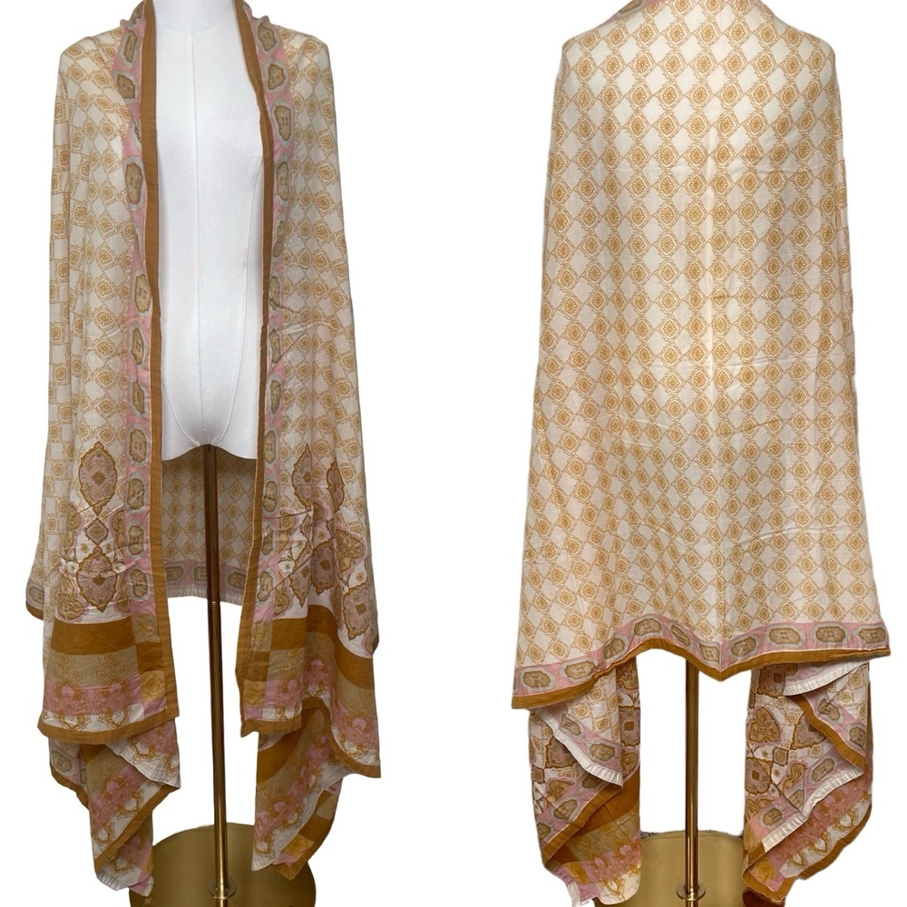 Vintage Women Pink Mustard Kimono Shawl Wrap Medallion Paisley Boho Hippie